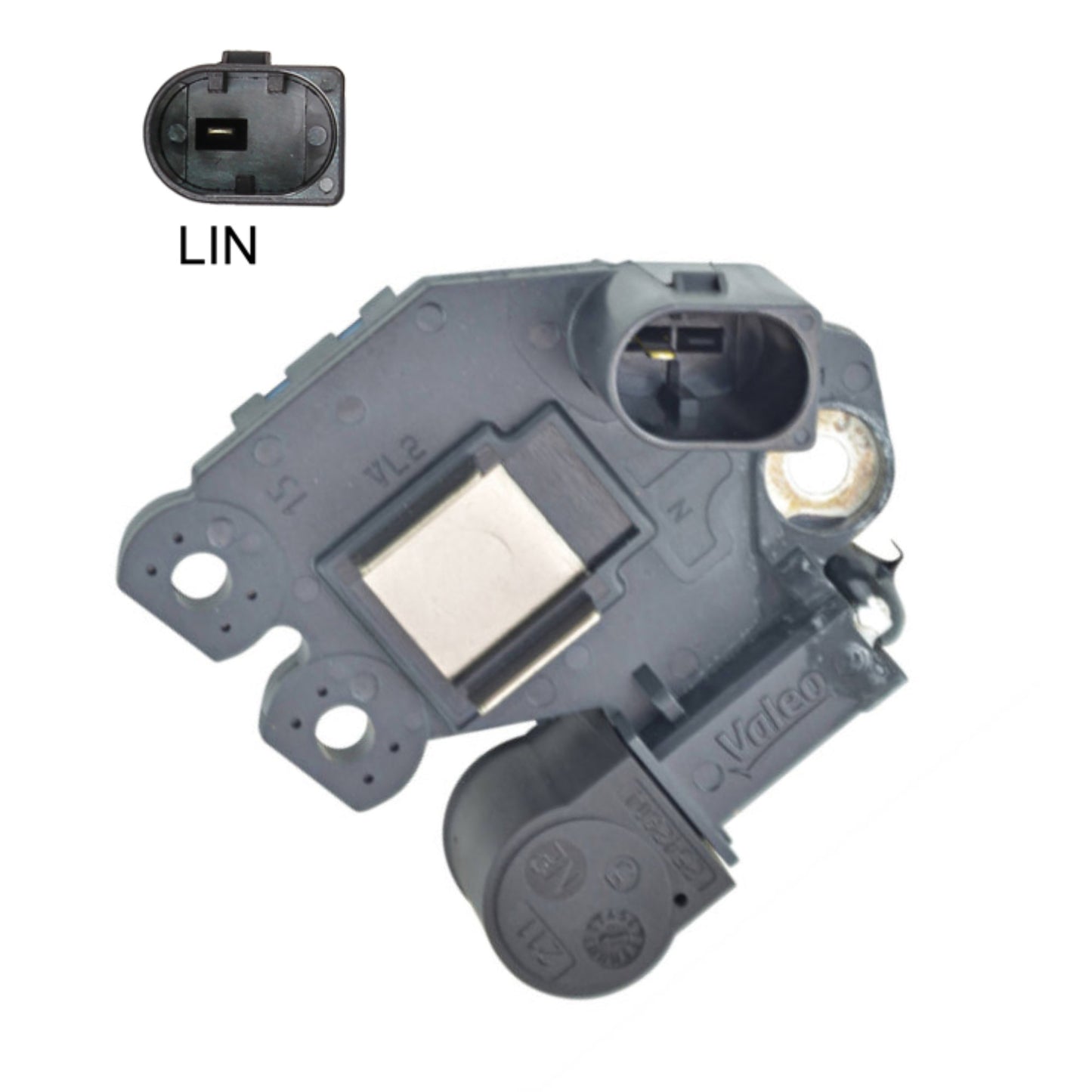 OEM Voltage Regulator with Brushes - Replaces: Mercedes-Benz A0041542806, Valeo 2618712, 599265, 599304, 599305, Other M636, 80084096, 80084135, W082-144, VL-253, GNR-V312, 09748OE :: Specifications: 12 Volt, B-Circuit, 14.3 Voltage Set Point, LIN 1 Terminals, for Valeo IR Alternators, LIN (COM)