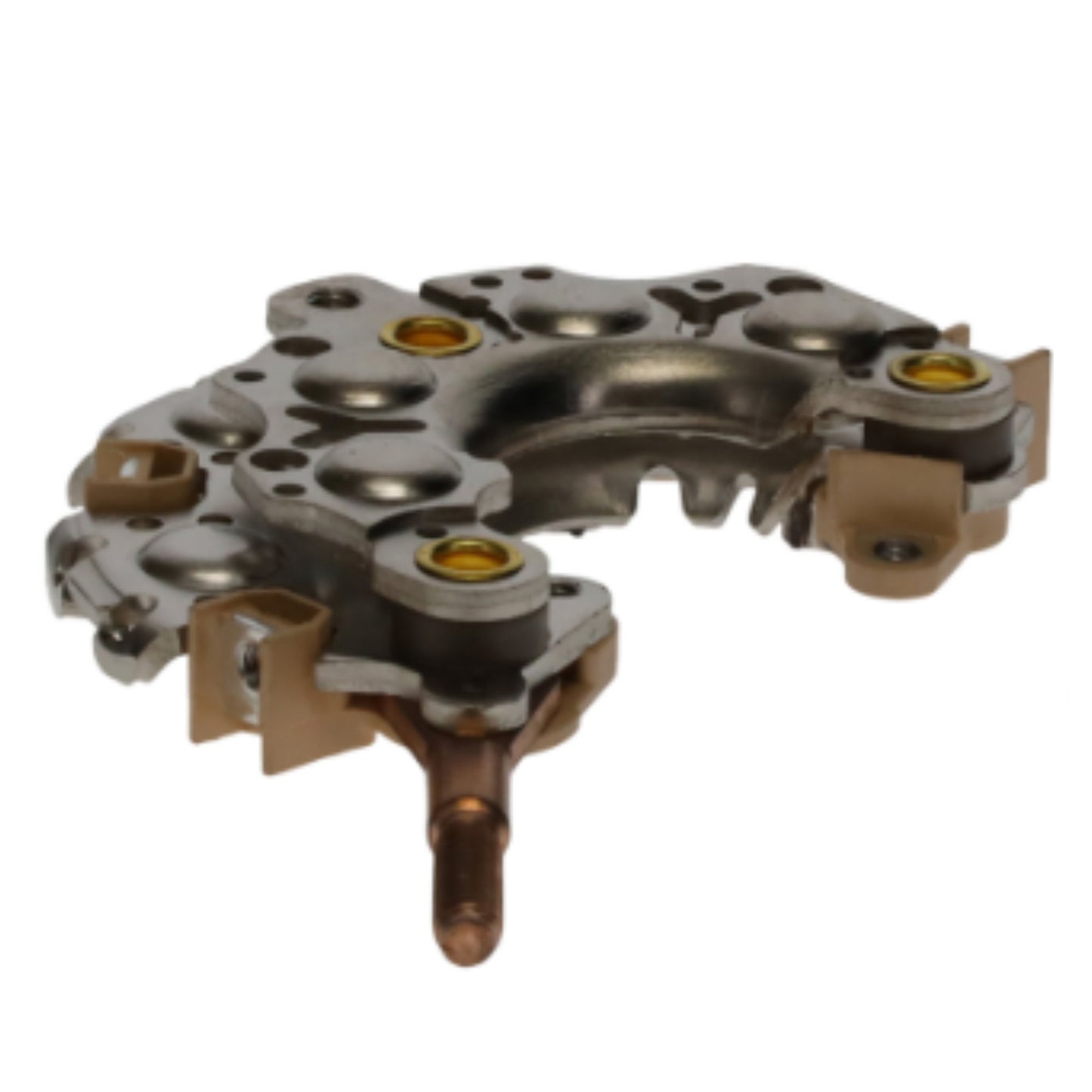 Rectifier Diode Bridge - Specifications: 12 Volt, for Denso 70-110A IR/IF Alternators w/ 118mm OD Stator, 103mm OD, M6 x 1.0 x 43mm Battery Terminal, With mounting hole for 46-82300 ground strap., Similar to INR722P except INR722P w/ M8 B+ terminal, 8-40A Press-Fit Diodes, :Welded Diode Terminations // Replaces Denso 021580-4510, 021580-4630, 021580-4760, 021580-6320, GM 94854180, Honda 31127-PT0-003, 31127-PT2-013, 31127-PT2-0130, 31710-ZY3-A0030, Toyota 27357-16310, 27357-55080, 27357-74160, Other W065-89