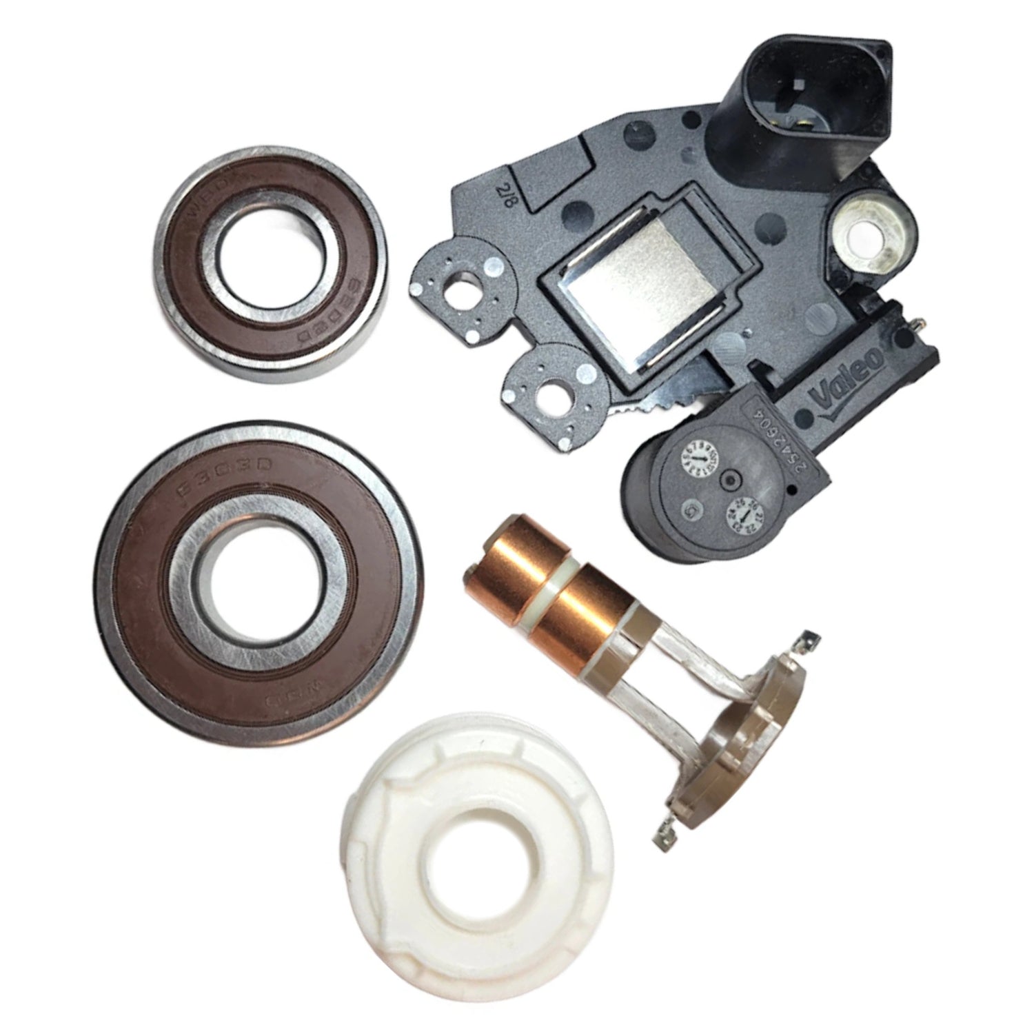 Alternator Rebuild Kit for 2002-2009 Audi A4 06B-903-016-AC, 06B903016AC,
Valeo TG15C017, 439498, 437468, 2542687A Valeo Regulator w/Brushes & Bearings - 11070OERK-A
