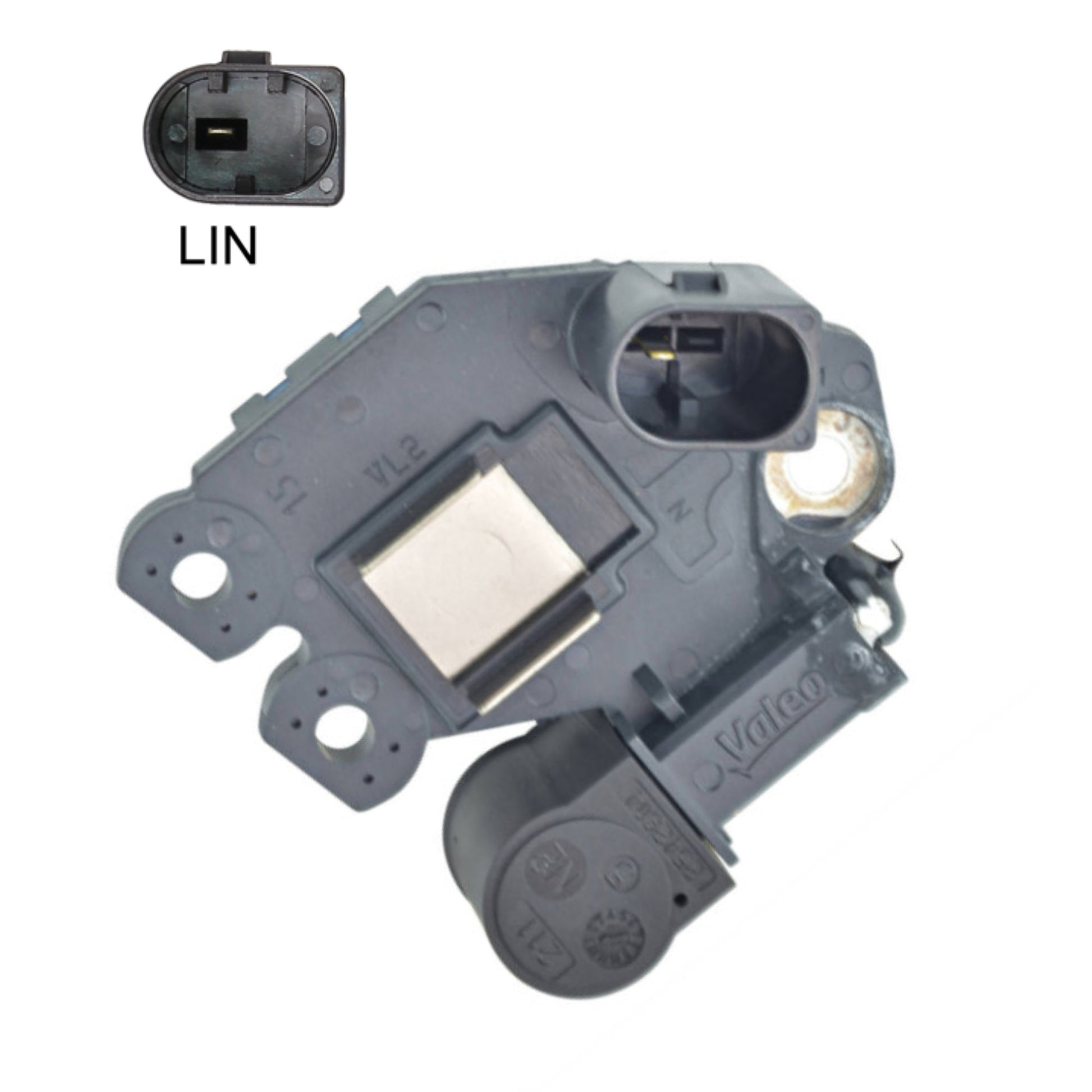 OEM Voltage Regulator with Brushes - Replaces: Mercedes-Benz A0041542806, Valeo 2618712, 599265, 599304, 599305, Other M636, 80084096, 80084135, W082-144, VL-253, GNR-V312, 09748OE :: Specifications: 12 Volt, B-Circuit, 14.3 Voltage Set Point, LIN 1 Terminals, for Valeo IR Alternators, LIN (COM)