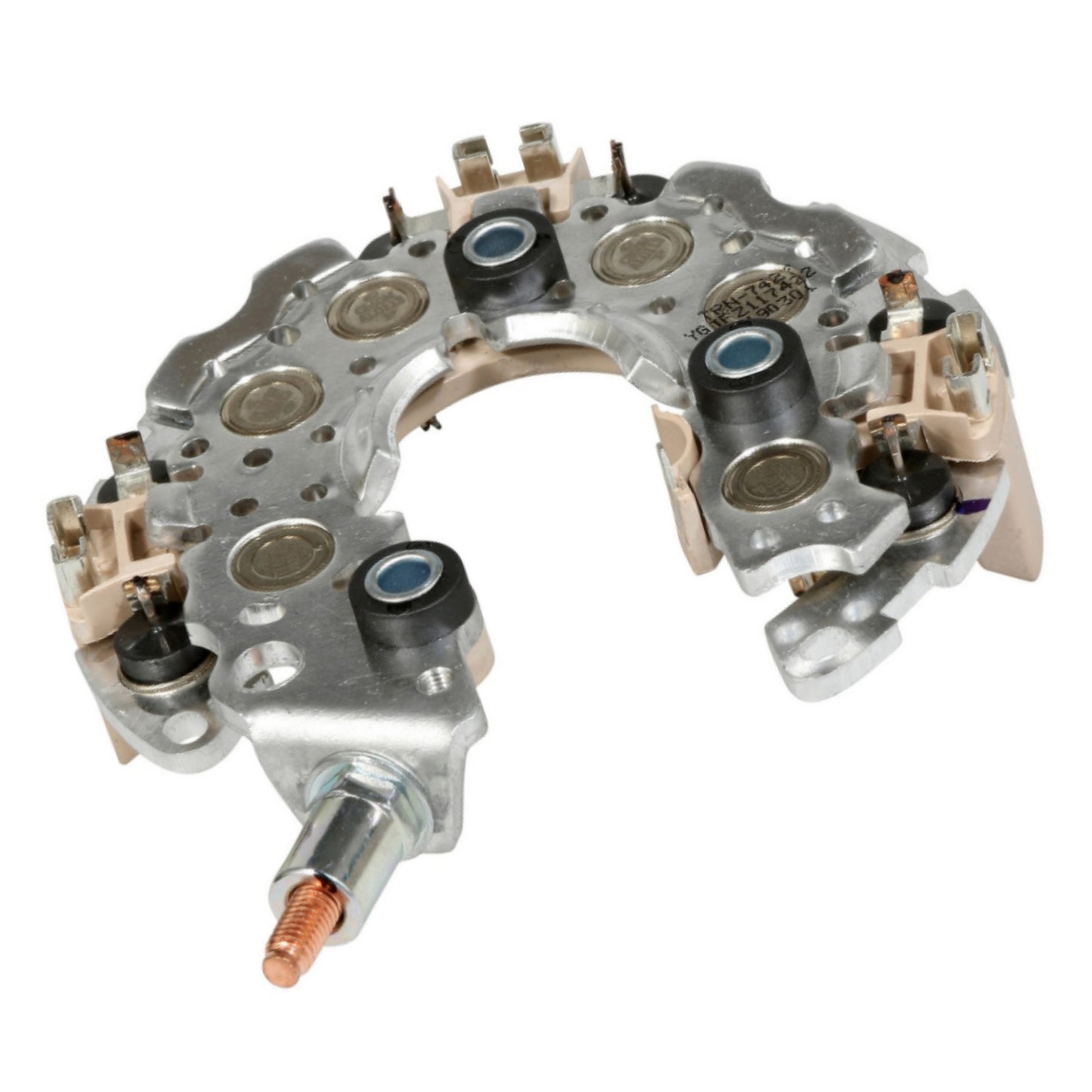 Rectifier Diode Bridge Assembly - Specifications: for Denso 130A IR/IF Alternators, 117mm OD, M6 x 1.0 Battery Terminal. 117mm OD, 12-50A press-fit avalanche diodes (20-24V), Double-Y, May have black anodized finish // Replaces Denso 021580-7310, Original Reference Number 2706, 706, Toyota 27357-20260, Other 77904067, W065-218, 172-52048, ND-966, TRN-7427 - INR427