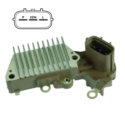Voltage Regulator - Specifications: 12 Volt System, A-Circuit, P-IG-L Terminals, 14.5 Voltage Set Point, for Denso IR/IF Alternators, 63.5mm Mounting Length, Standard lamp function - no output // Replaces: Caterpillar 113-4462, 1134462 Denso 126000-1940, 126000-2181 Other 80904427, 80904439, MFVR02220, VRH2005-59, 230-52088, VRH2005-59, W085-175, ND-876, GNR-N032 - IN449