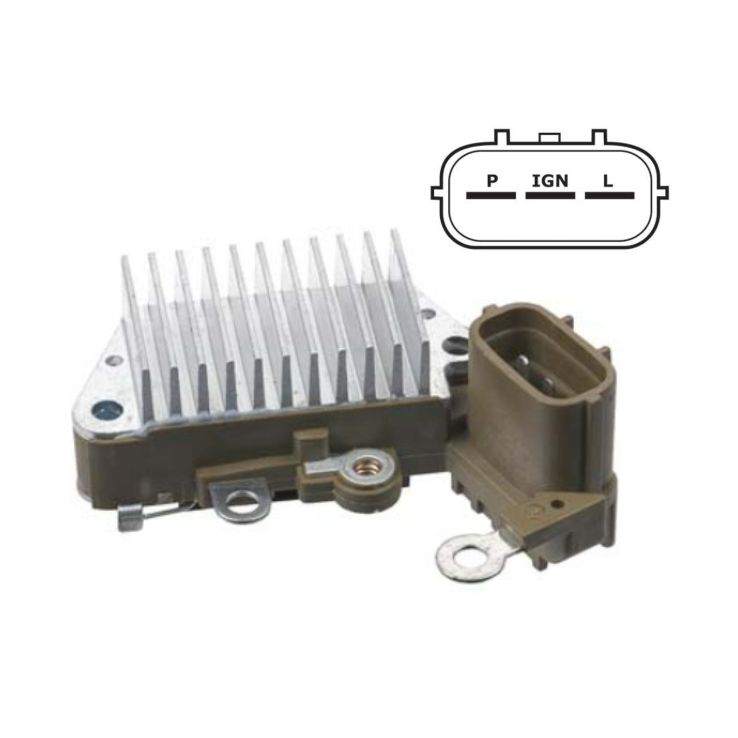 Voltage Regulator, Specifications: 12 Volt System, A-Circuit, P-IG-L Terminals, 14.4 Voltage Set Point, Denso IR/IF Alternators, 57.5mm Mounting Length, Active lamp function - with output., Shorted field lamp protection // Denso 126000-3480, 126000-3630 Other: 80904499 80904495, 230-52129, GNR-N027, 216-050, W085-284 - IN348