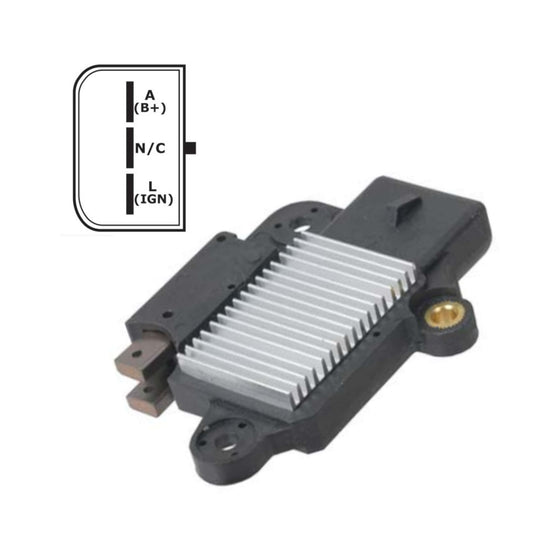 Voltage Regulator with Brushes for 4G Ford, 3 Terminal, I-D-A - F796 // 3C3T-CA, 3C3T-CB, F5OU-FA, F5OU-FB, F5OU-FC, F68U-AD, F6DU-BB, F6DU-BC, F6DU-BD, F6DU-DB, F6DU-DC, F6DU-DD, F6OU-AA, F6OU-AB, F78U-AA, F8OU-CA, F8OU-CB, F8OU-CC, XW7U-AA, XW7U-AC, XW7U-AD, YF1U-EA, YF1U-EB