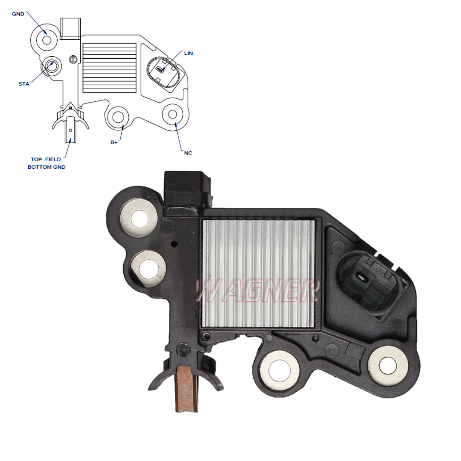 Voltage Regulator with Brushes for Mercedes  Replaces: Bosch 0 272 220 813, 0 272 220 843; 0272220813, 0272220843, ARB5400 // T92131, 80201283, W080-103, 176-099, GNR-B354 - IB843